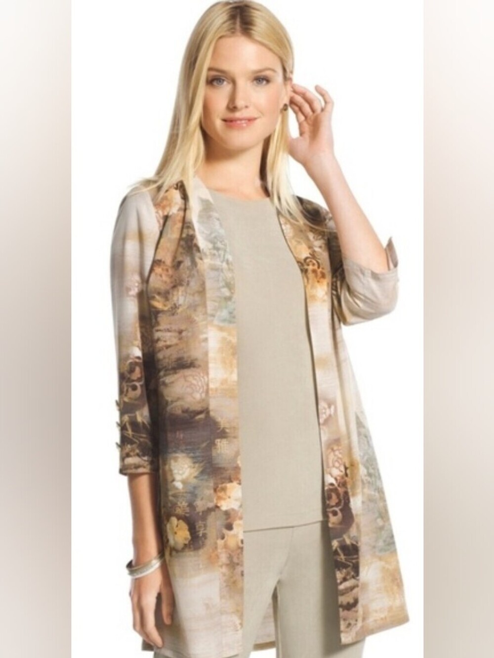 Chicos Travelers Asian Inspired Watercolor Duster Size 1 Medium Ethereal Artsy
